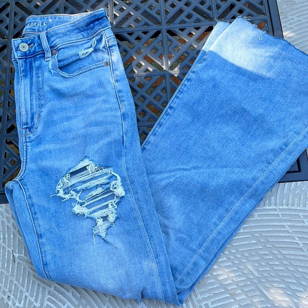 American Eagle Next Level Stretch Light Washed Distressed Flare Jeans